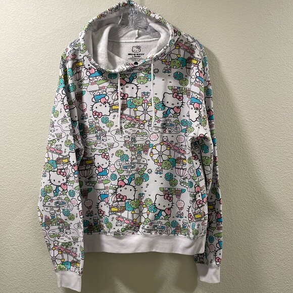 NEW SANRIO HELLO KITTY "Bustling Town" Adult Pullover Hoodie, White/Multi - L - Picture 1 of 6
